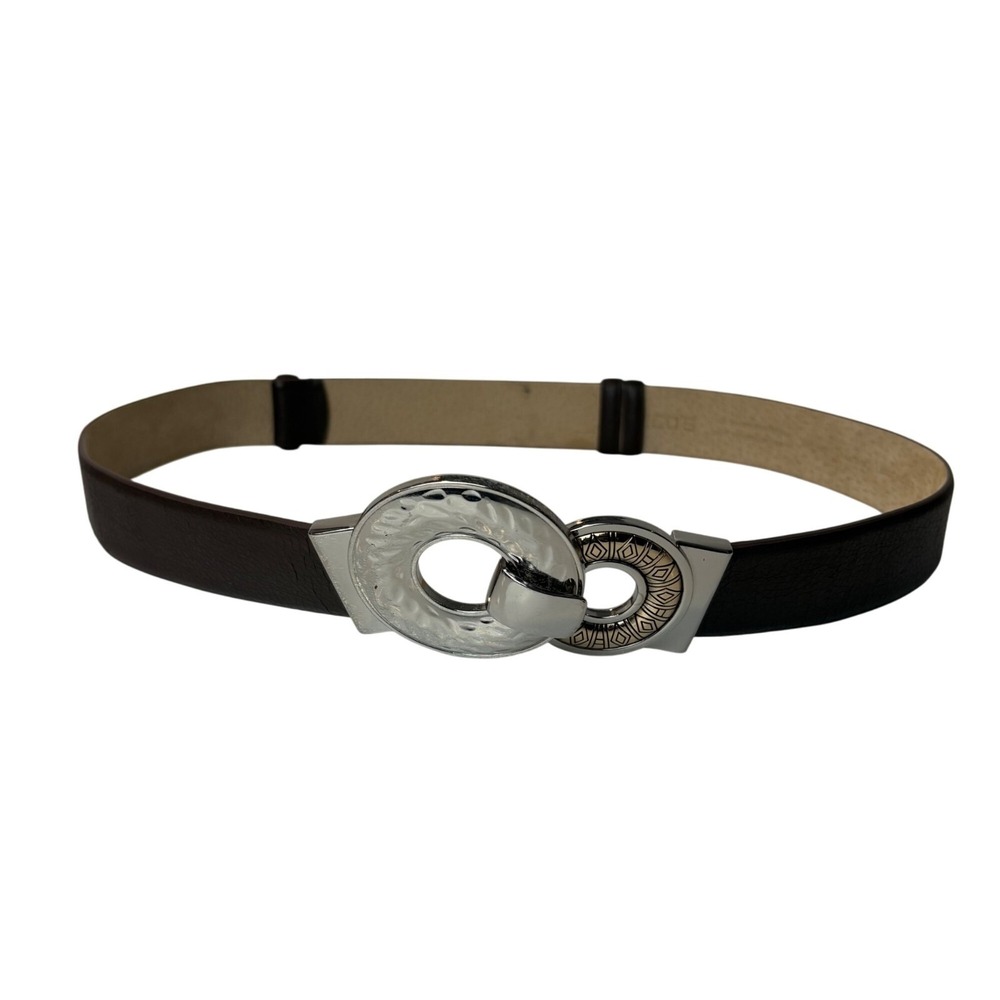 Chicos Vintage Leather Belt Chunky SilverTone Metal Buckle Adjustable Up to 48"